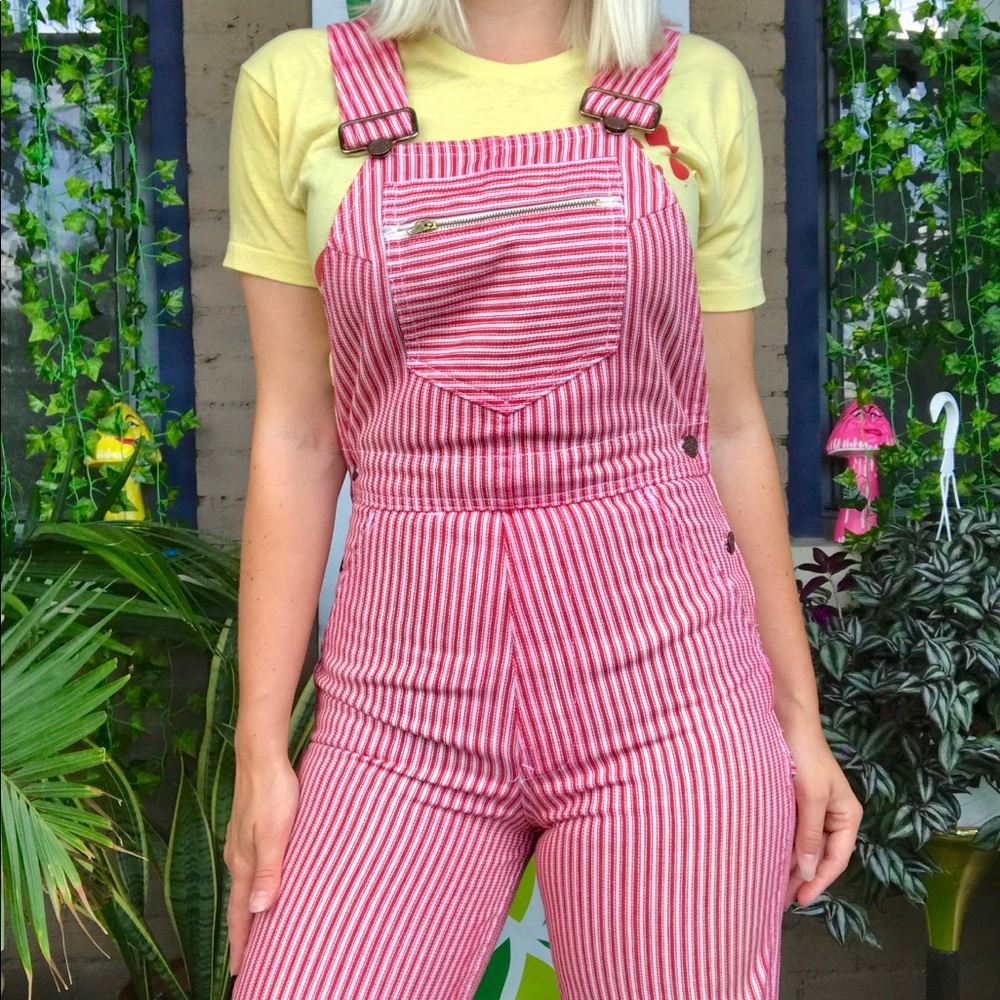 SOLD 70s red striped denim overalls flare jeans - Picture 2 of 7